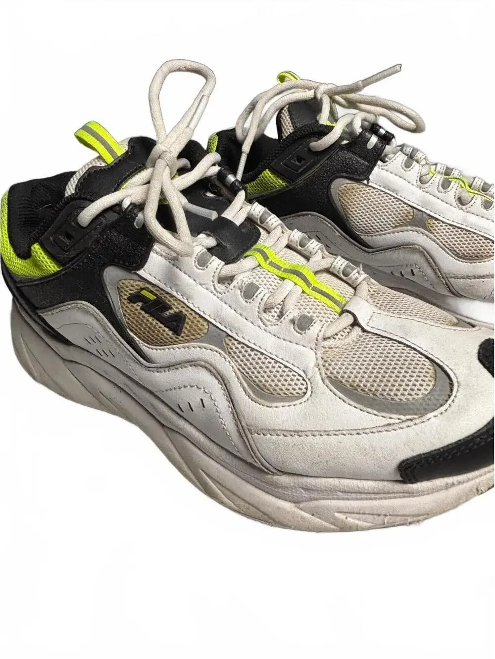 Fila unisex Athletic Sneakers White Black and Neon Yellow